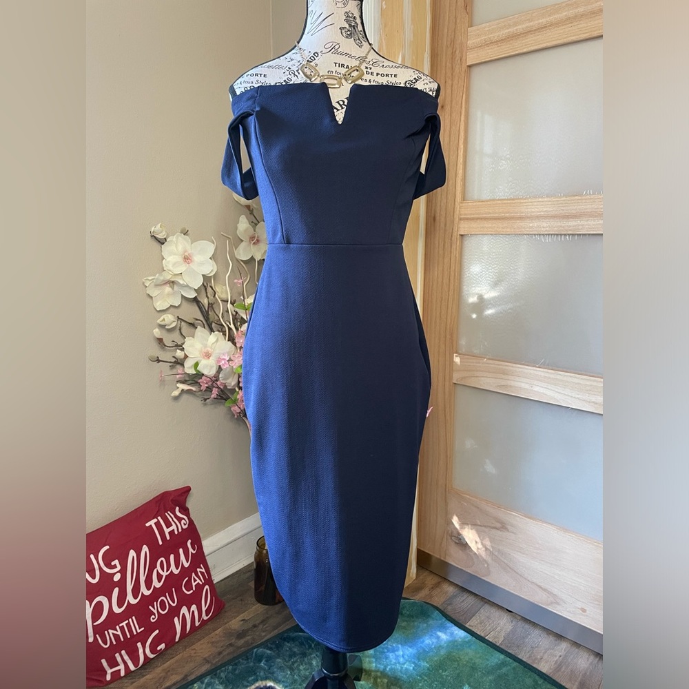 Boohoo Off Shoulder Bodycon Midi Women's Dress Size 10 Navy Blue